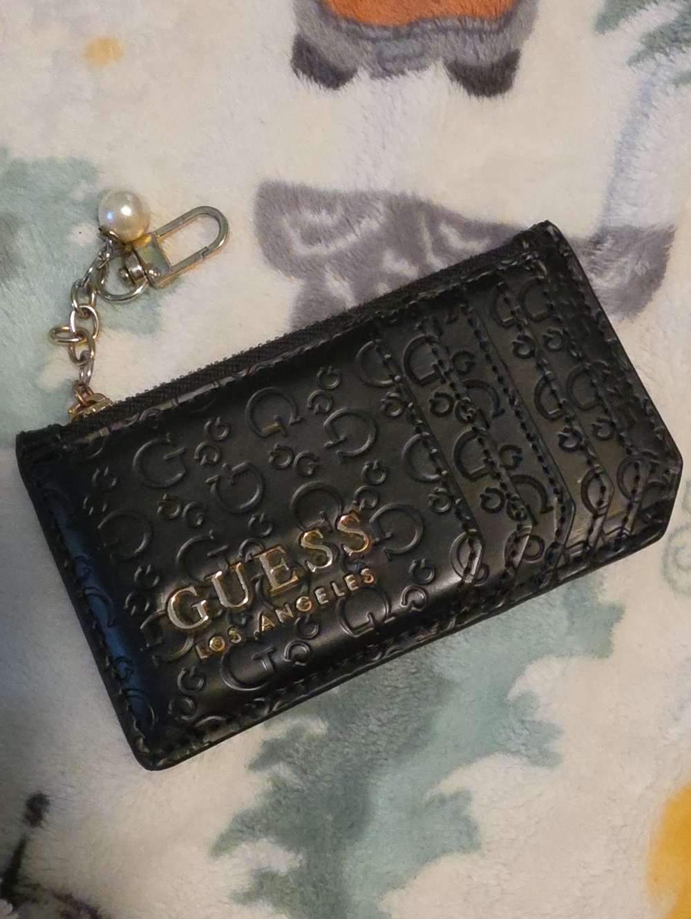 GUESS Black Embossed Card Holder with Gold Key Charm